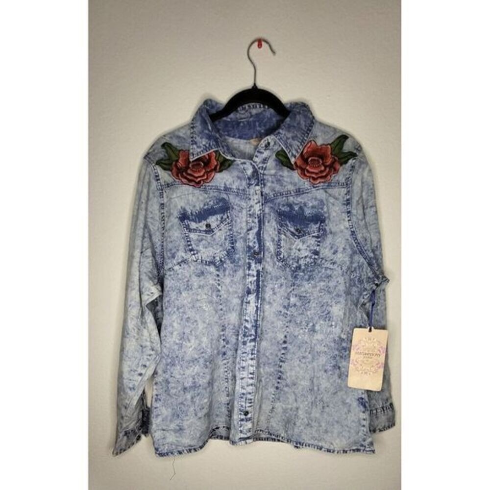 Highway Jeans Acid Wash Denim Shirt Red Rose Floral Embroidery NWT 3X